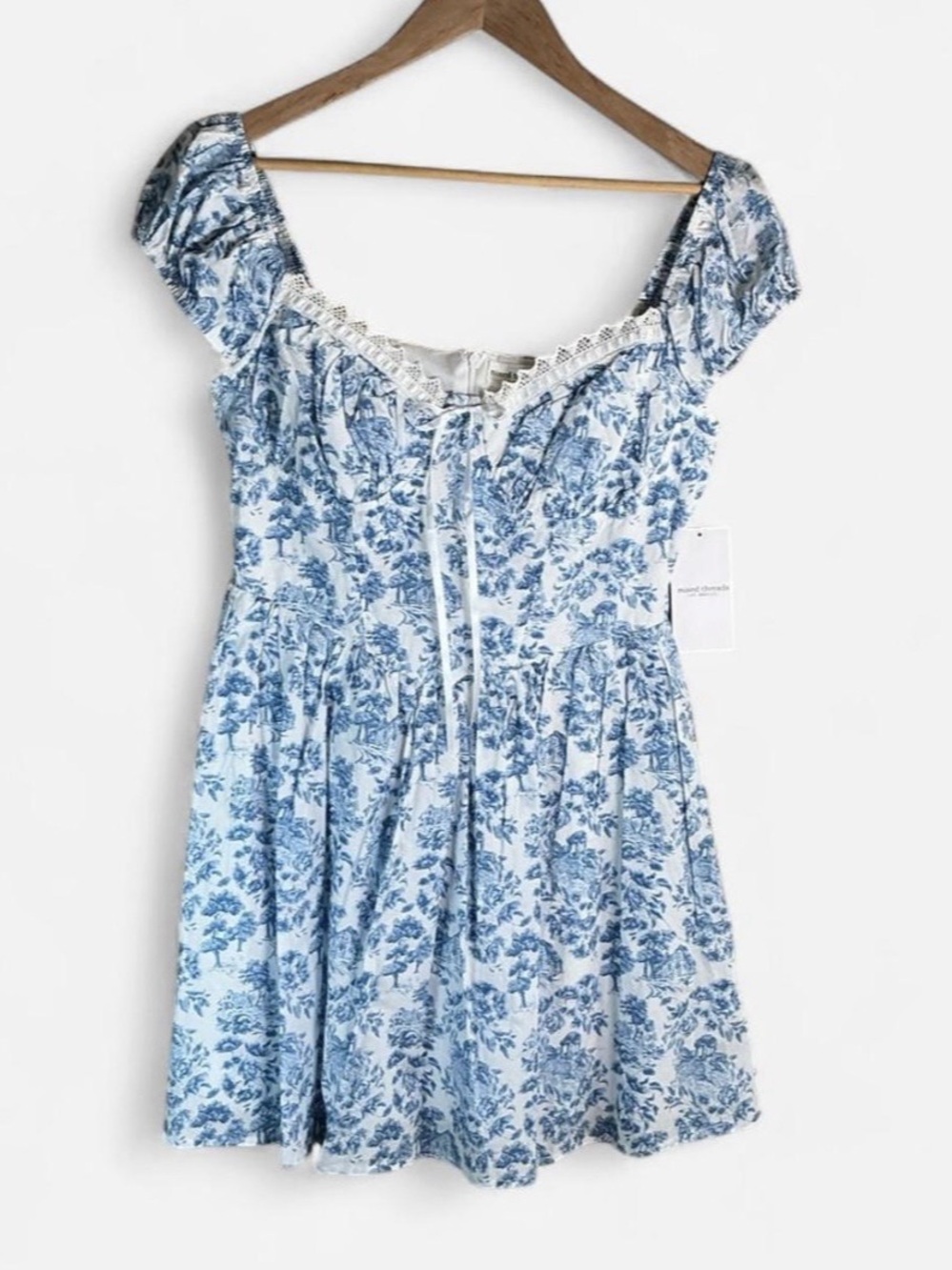 NWT Blue White Toile Floral Lace Trim Corset Mini Dress Size Medium Coquette